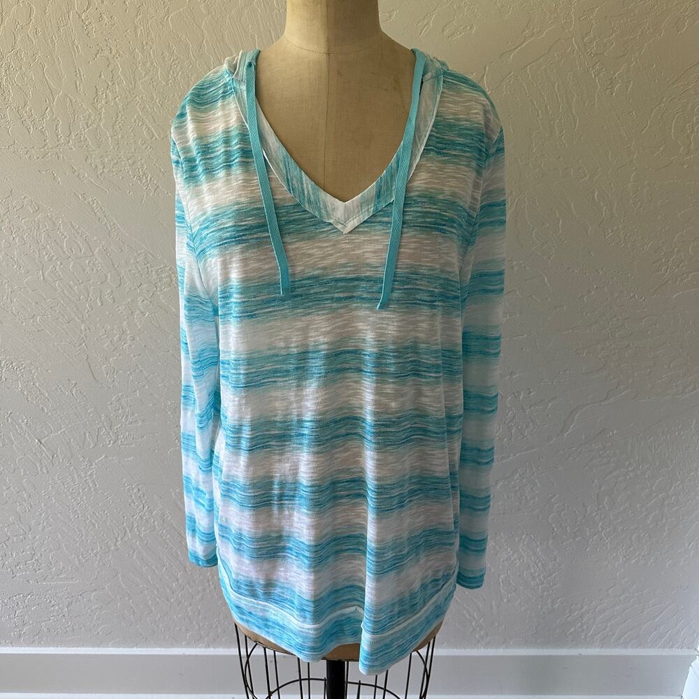 EXERTEK | Womens Striped Cotton Blend Hoodie NEW Size Large Semi Sheer Blue
